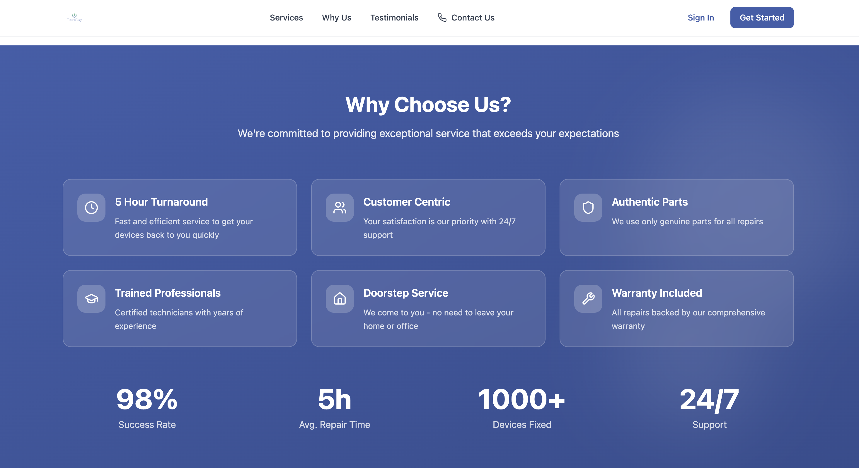 Customer app testimonials screen
